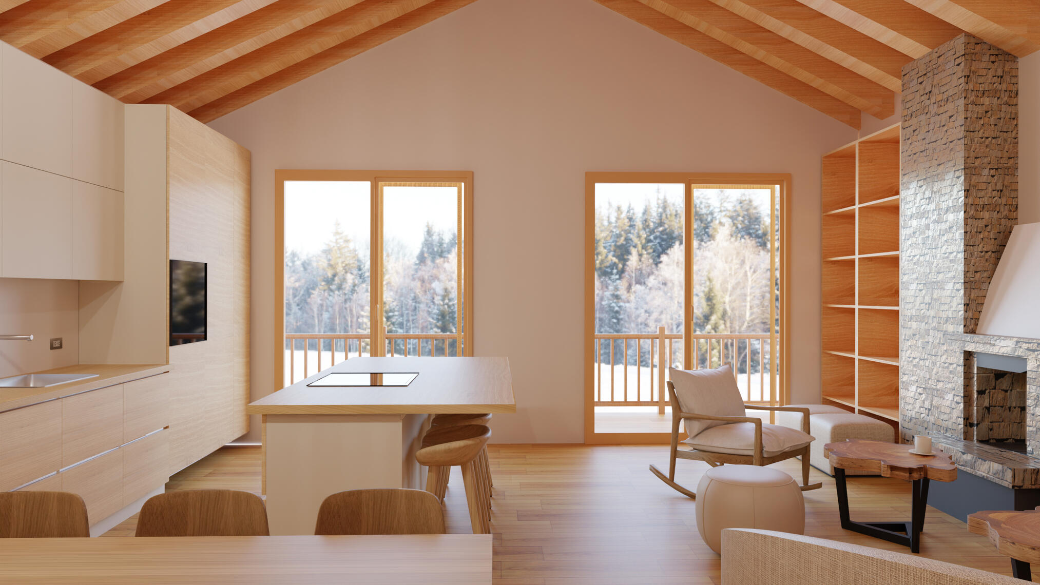 Cocina, Sala, Biblioteca y Chimenea