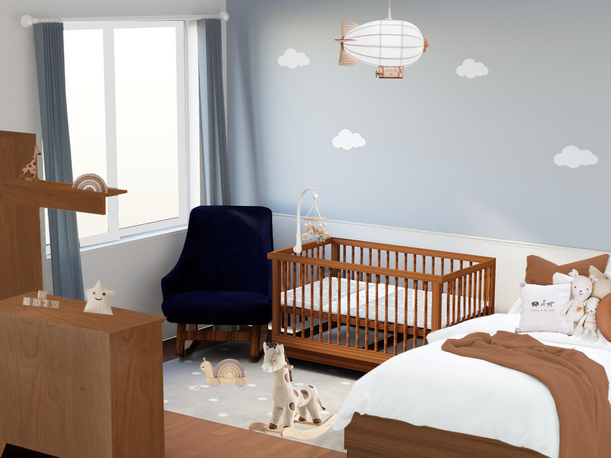 Habitación para recibir al primogénito de esta nueva familia. Con tonos azules y cremas, delicado y acogedor.